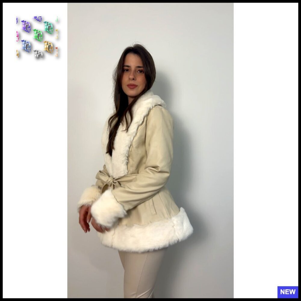 Faux Leather Parka Coat with Fur Collar Fitted Anorak Style Winter Outerwear - Picture 5 of 7